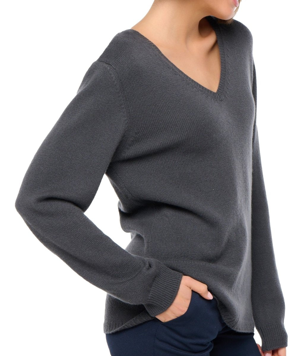 Balldiri 100% Kaschmir V - Pullover Damen 4 - fädig für stilvolle Eleganz - anthrazit meliert - Balldiri