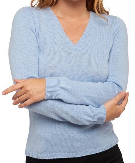 Balldiri 100% Kaschmir V - Pullover Damen 4 - fädig für stilvolle Eleganz - himmelblau - Balldiri