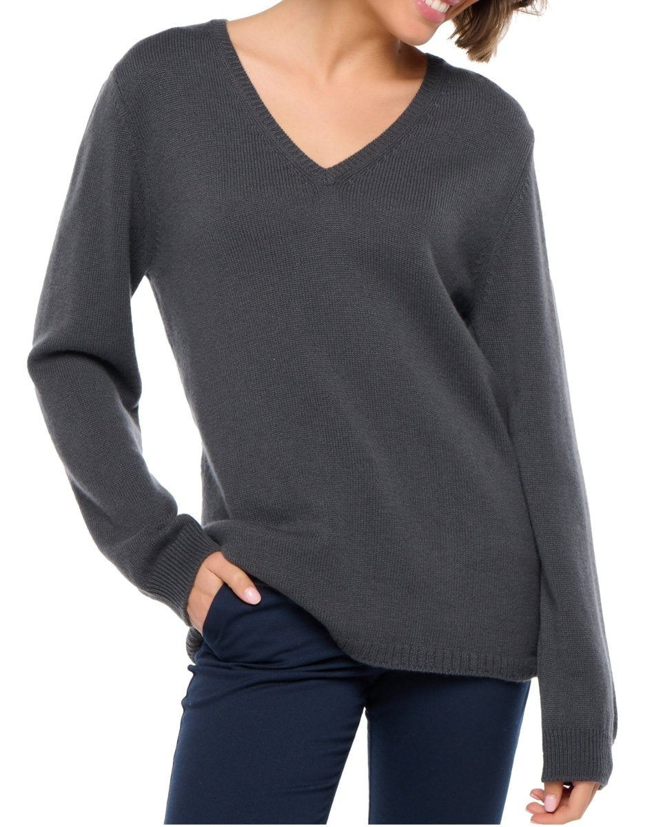 Balldiri 100% Kaschmir V - Pullover Damen 4 - fädig für stilvolle Eleganz - anthrazit - Balldiri