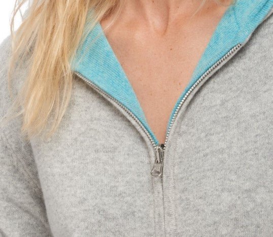 Balldiri 100% Kaschmir Wendejacke Damen mit Kapuze 4 - fädig - hellgrau / türkis - Balldiri