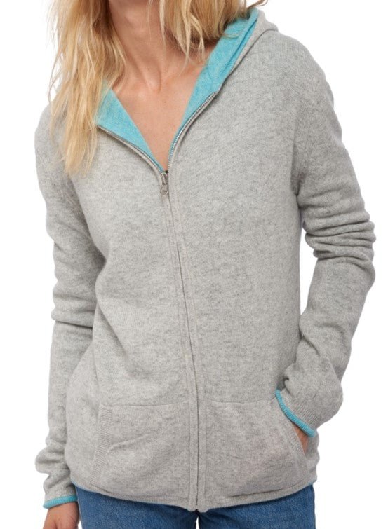 Balldiri 100% Kaschmir Wendejacke Damen mit Kapuze 4 - fädig - hellgrau / türkis - Balldiri