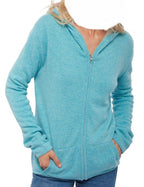 Balldiri 100% Kaschmir Wendejacke Damen mit Kapuze 4 - fädig - hellgrau / türkis - Balldiri