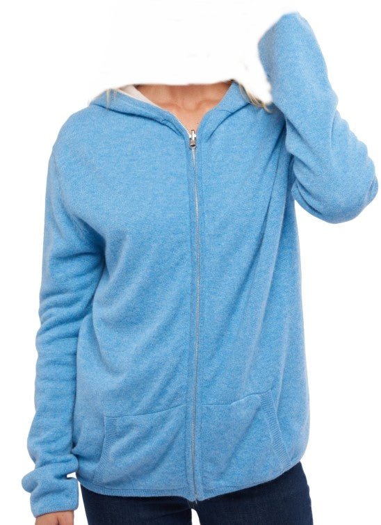 Balldiri 100% Kaschmir Wendejacke Damen mit Kapuze 4 - fädig - azurblau meliert / zartrosa - Balldiri