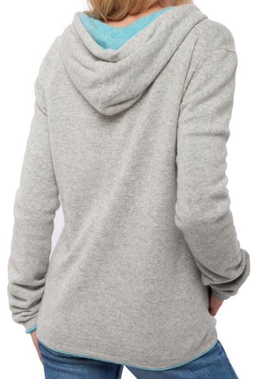 Balldiri 100% Kaschmir Wendejacke Damen mit Kapuze 4 - fädig - hellgrau / türkis - Balldiri