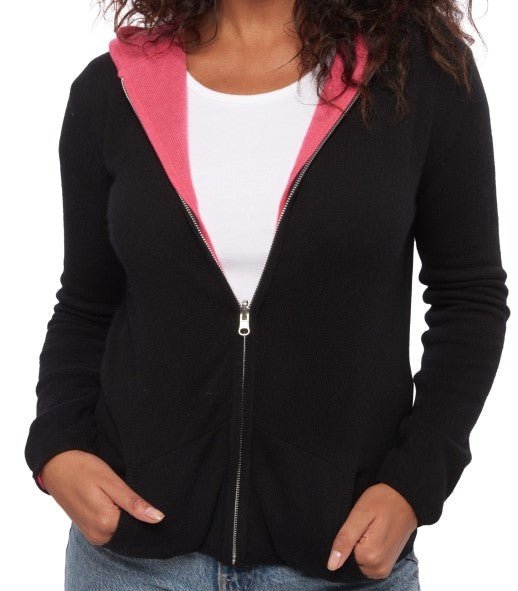 Balldiri 100% Kaschmir Wendejacke Damen mit Kapuze 4 - fädig - schwarz / rosa - Balldiri