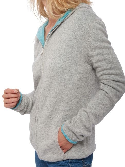 Balldiri 100% Kaschmir Wendejacke Damen mit Kapuze 4 - fädig - hellgrau / türkis - Balldiri