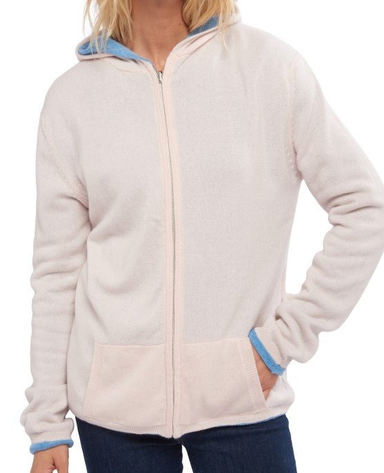 Balldiri 100% Kaschmir Wendejacke Damen mit Kapuze 4 - fädig - azurblau meliert / zartrosa - Balldiri