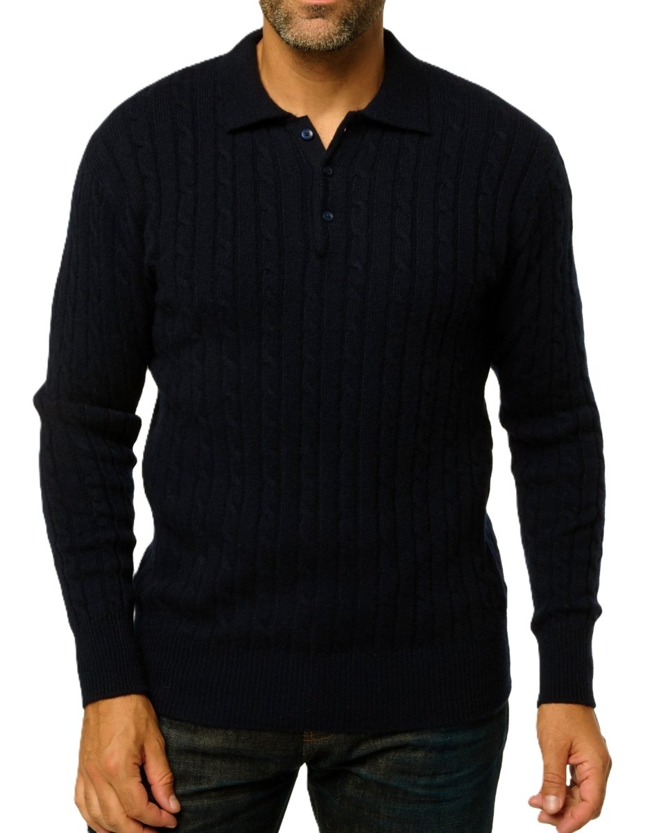 Balldiri Kaschmir Herren Polo Zopfmuster 100% Kaschmir 4 - fädig - Schwarz - Balldiri