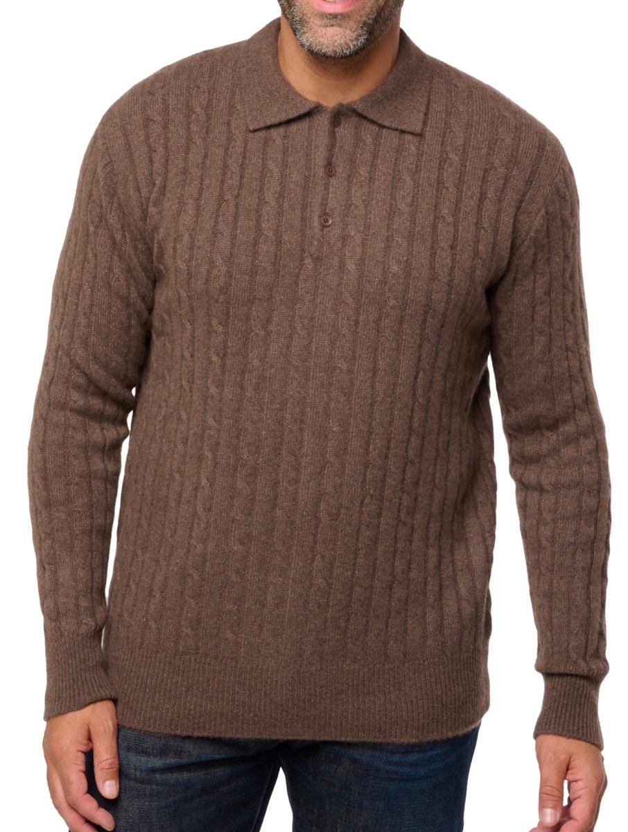 Balldiri Kaschmir Herren Polo Zopfmuster 100% Kaschmir 4 - fädig - braun meliert - Balldiri