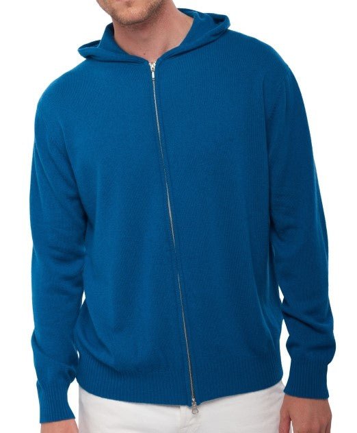 Balldiri Kaschmir Herren Strickjacke mit Kapuze 100% Kaschmir 2 - fädig - leuchtendes blau - Balldiri