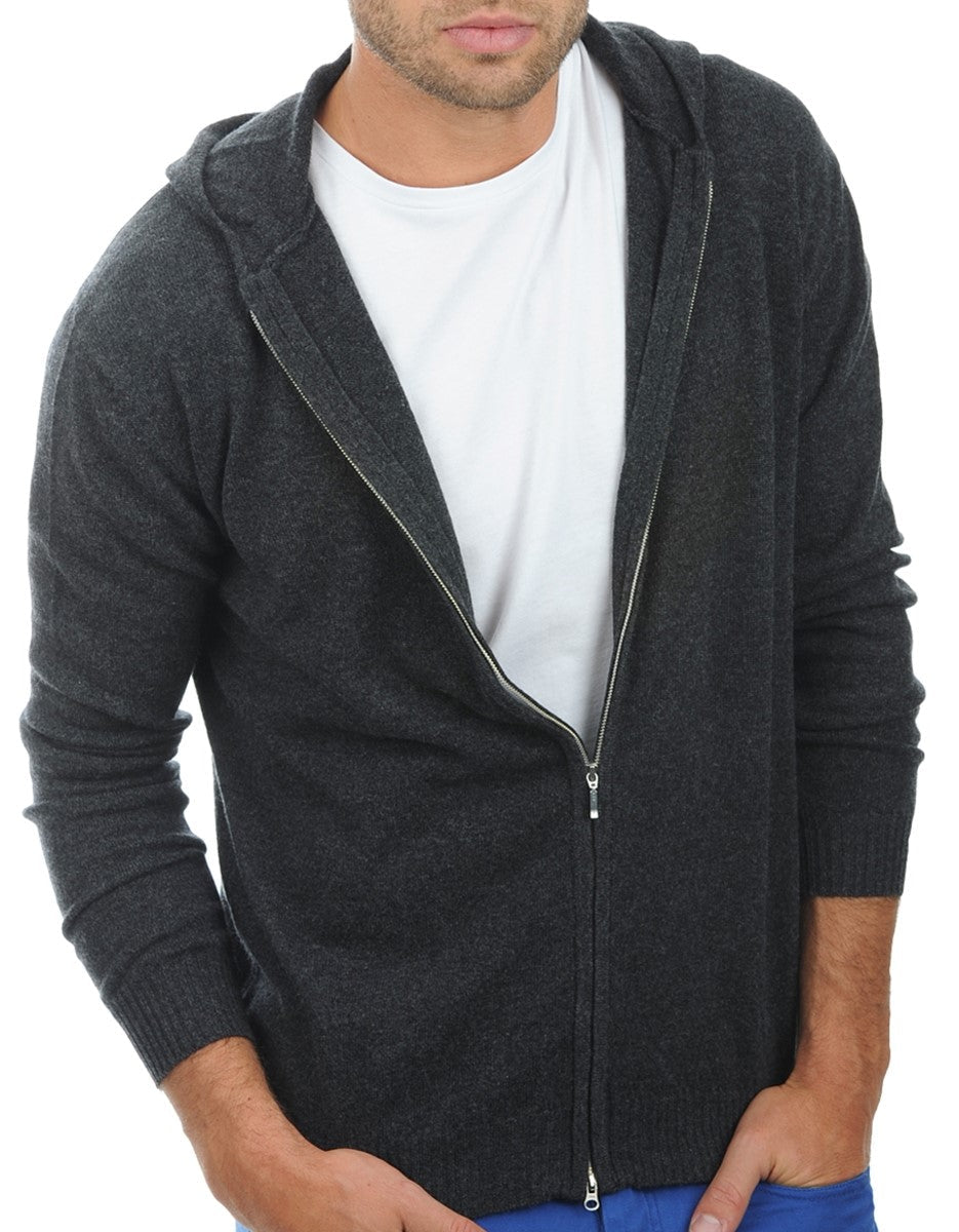 Balldiri Kaschmir Herren Strickjacke mit Kapuze 100% Kaschmir 2 - fädig - anthrazit meliert - Balldiri