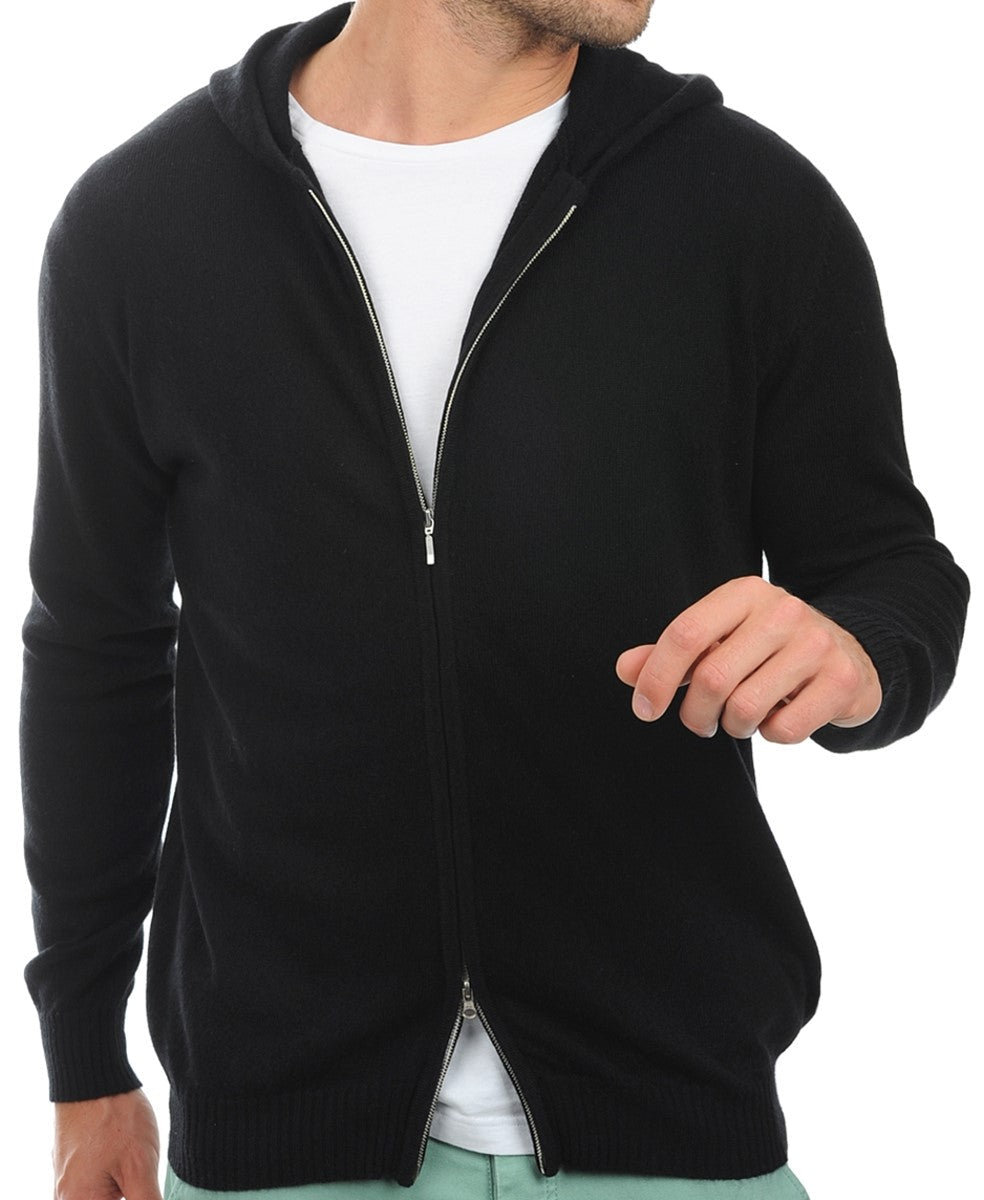 Balldiri Kaschmir Herren Strickjacke mit Kapuze 100% Kaschmir 2 - fädig - Schwarz - Balldiri