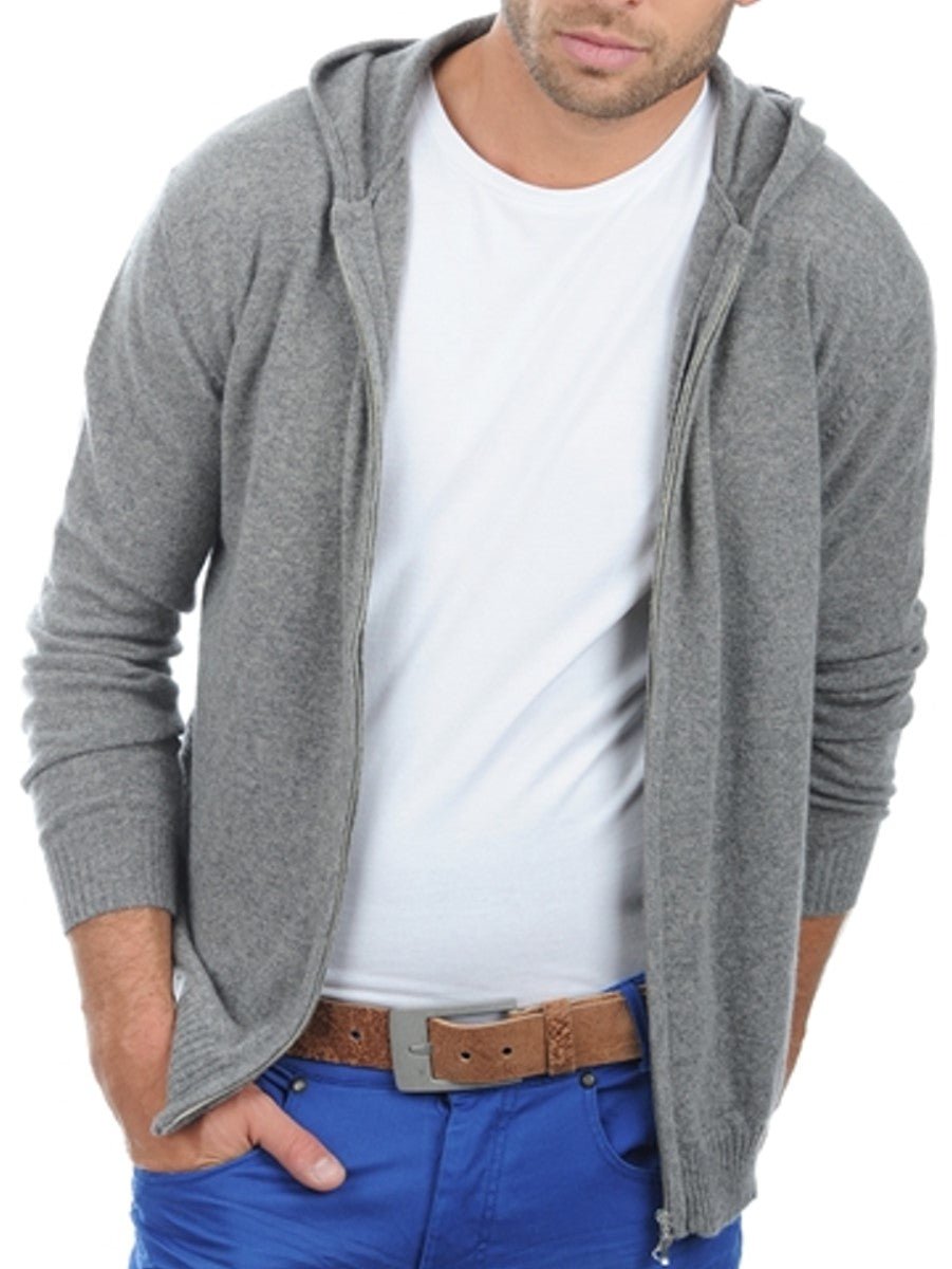 Balldiri Kaschmir Herren Strickjacke mit Kapuze 100% Kaschmir 2 - fädig - grau meliert - Balldiri
