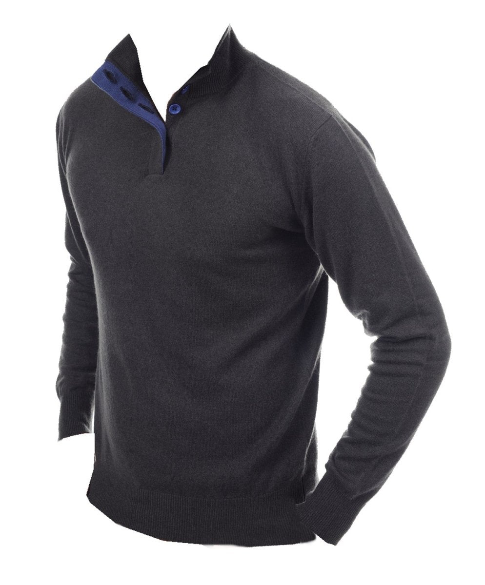 Balldiri Kaschmir Pullover Herren 2XL 100% Kaschmir Polo Knöpfe 2 - fädig Anthrazit/Kobaltblau - Balldiri