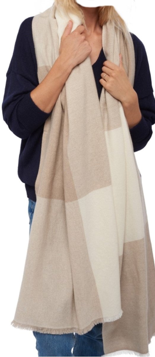 Balldiri Kaschmir Schal 225 x 75 cm - 100% Kaschmir Stola 4 - fädig - ecru/naturbraun - Balldiri
