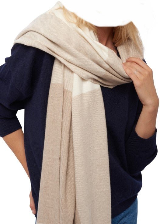 Balldiri Kaschmir Schal 225 x 75 cm - 100% Kaschmir Stola 4 - fädig - ecru/naturbraun - Balldiri