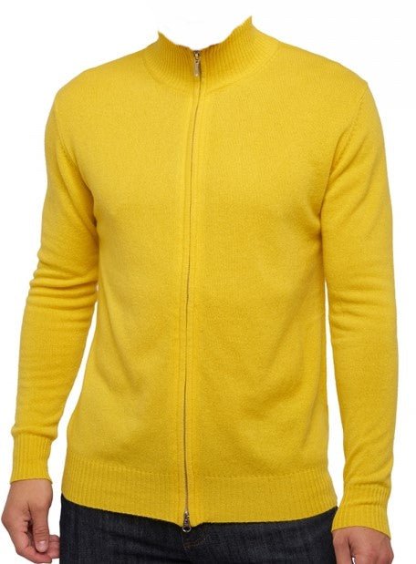 Balldiri Kaschmir Strickjacke Herren 100% Kaschmir mit Zipper 2 - fädig - gelb - Balldiri