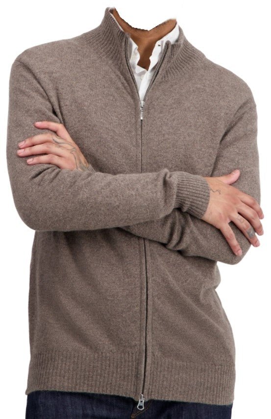 Balldiri Kaschmir Strickjacke Herren 100% Kaschmir mit Zipper 2 - fädig - naturbraun - Balldiri