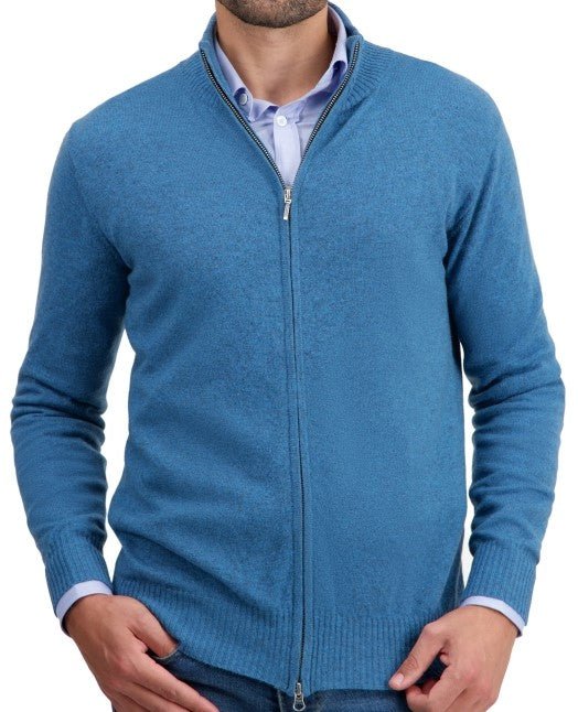 Balldiri Kaschmir Strickjacke Herren 100% Kaschmir mit Zipper 2 - fädig - manor blau - Balldiri