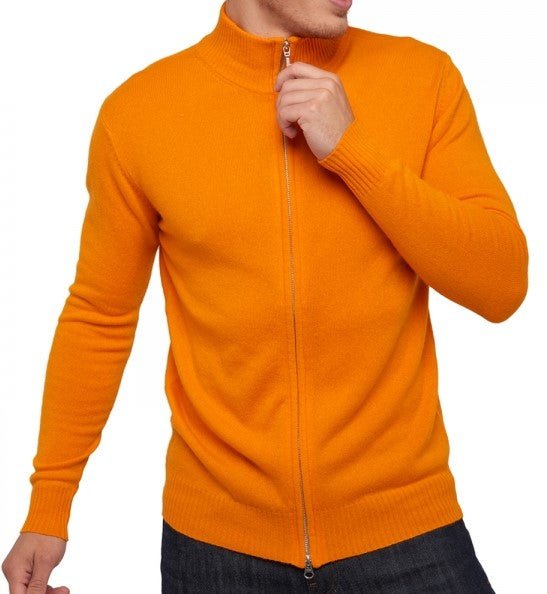 Balldiri Kaschmir Strickjacke Herren 100% Kaschmir mit Zipper 2 - fädig - Orange - Balldiri