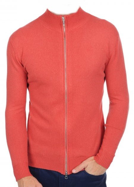 Balldiri Kaschmir Strickjacke Herren 100% Kaschmir mit Zipper 2 - fädig - koralle - Balldiri