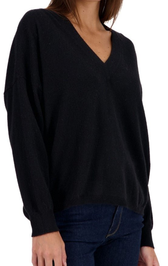 Balldiri Kaschmir V - Pullover Damen 100% Kaschmir mit Bund, 2 - fädig - schwarz - Balldiri