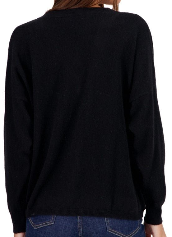 Balldiri Kaschmir V - Pullover Damen 100% Kaschmir mit Bund, 2 - fädig - schwarz - Balldiri