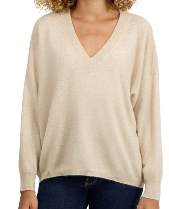 Balldiri Kaschmir V - Pullover Damen 100% Kaschmir mit Bund, 2 - fädig - beige - Balldiri