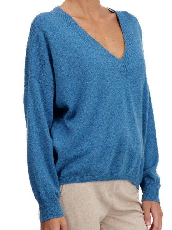Balldiri Kaschmir V - Pullover Damen 100% Kaschmir mit Bund, 2 - fädig - manor blau - Balldiri