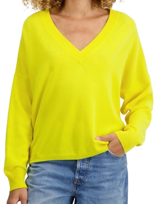 Balldiri Kaschmir V - Pullover Damen 100% Kaschmir mit Bund, 2 - fädig - gelb - Balldiri
