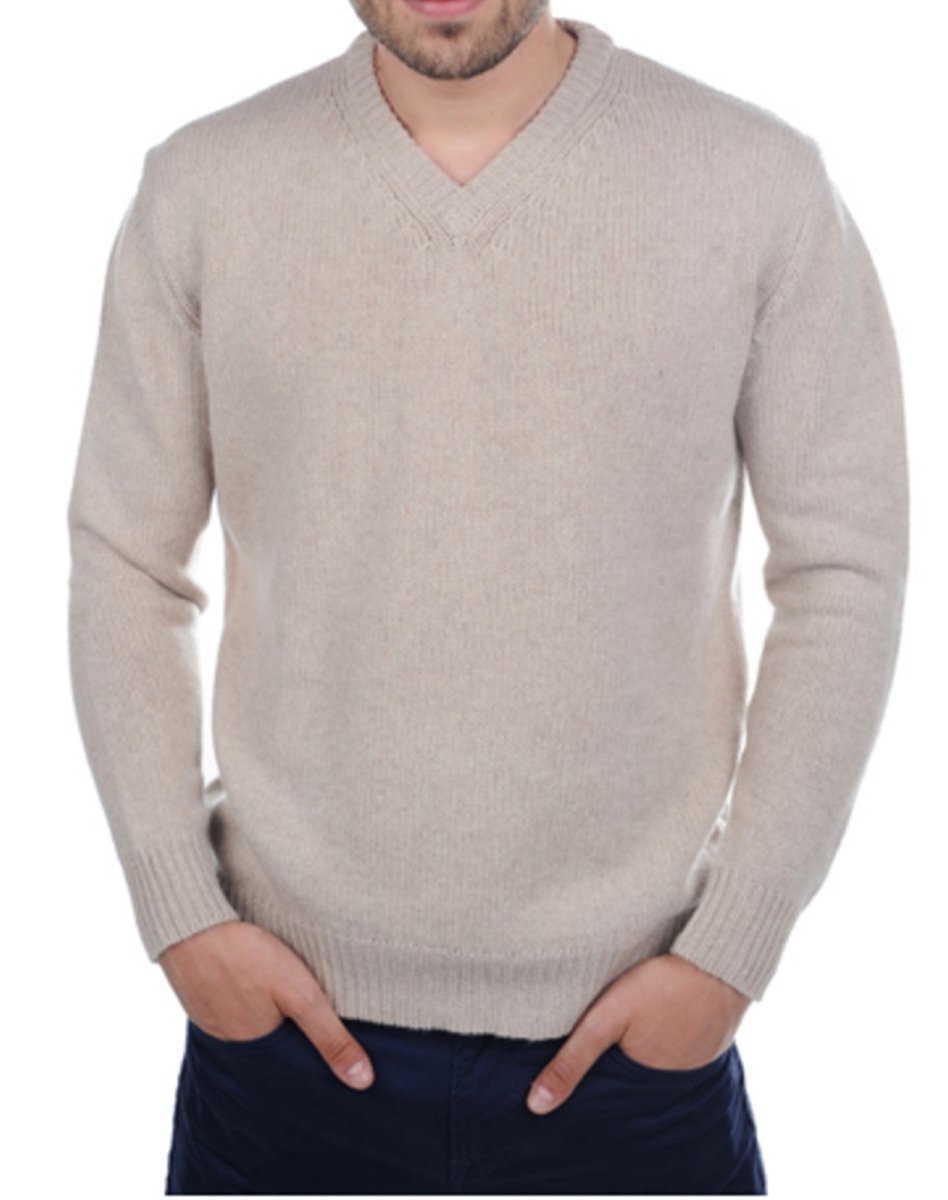 Balldiri Kaschmir V - Pullover Herren 100% 8 - fädig - beige - Balldiri