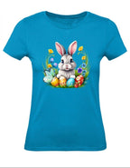 Balldiri T-Shirt Damen Osterhase mit Eiern XS bis 2XL - azurblau - Balldiri