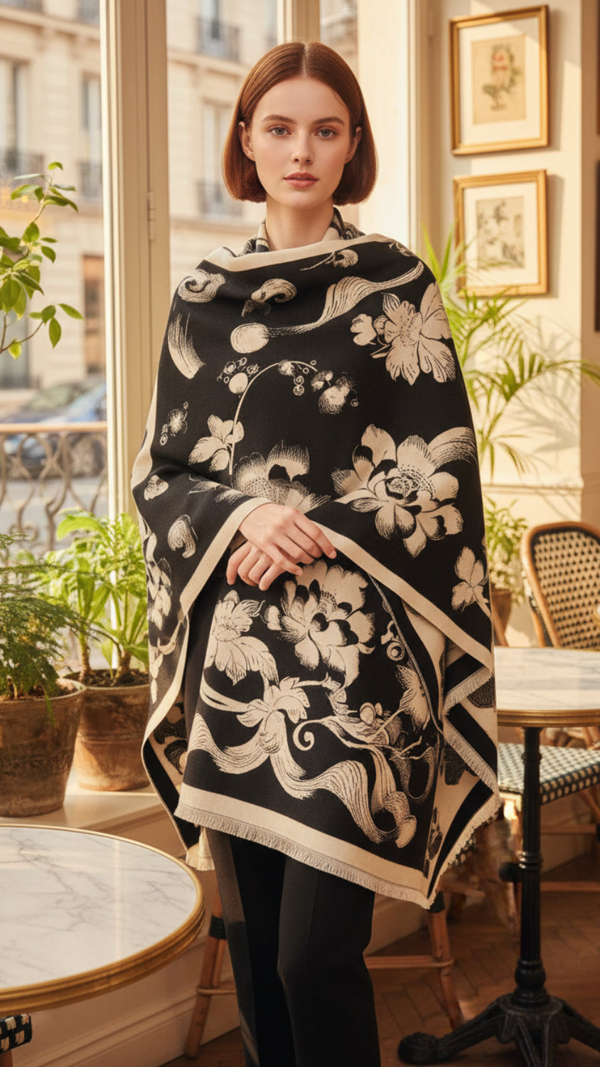 Balldiri Jacquard-Poncho Damen – Boho Wende Cape mit Muster