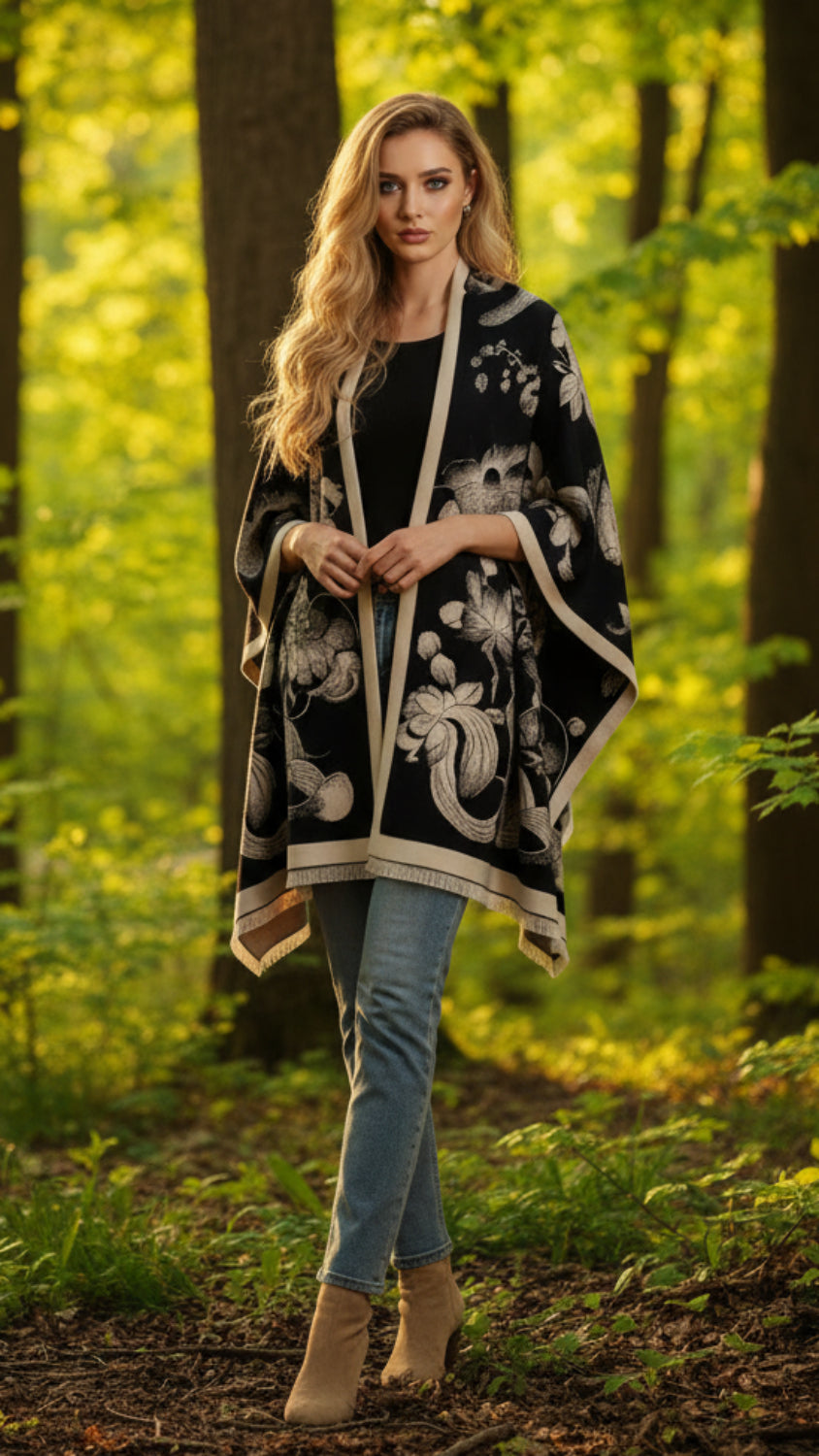 Balldiri Jacquard-Poncho Damen – Boho Wende Cape mit Muster