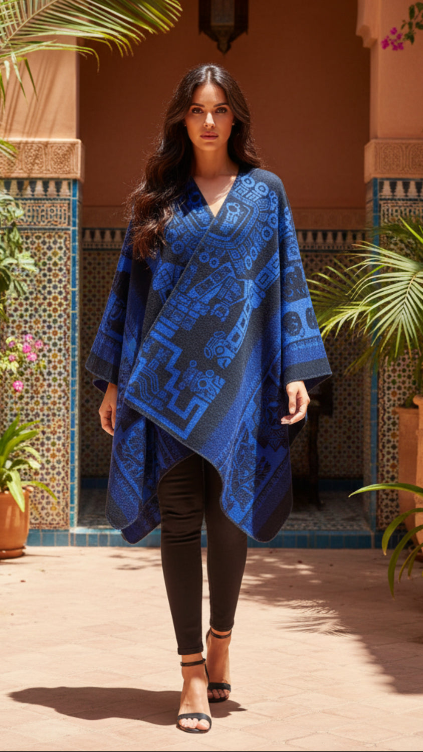 Balldiri Jacquard-Poncho Damen – Boho Wende Cape mit Muster