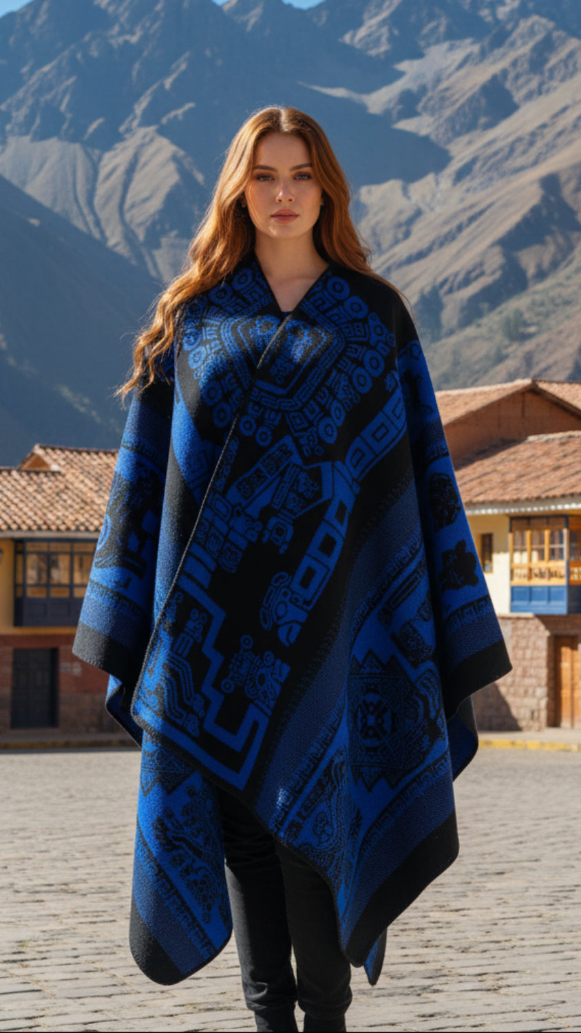 Balldiri Jacquard-Poncho Damen – Boho Wende Cape mit Muster