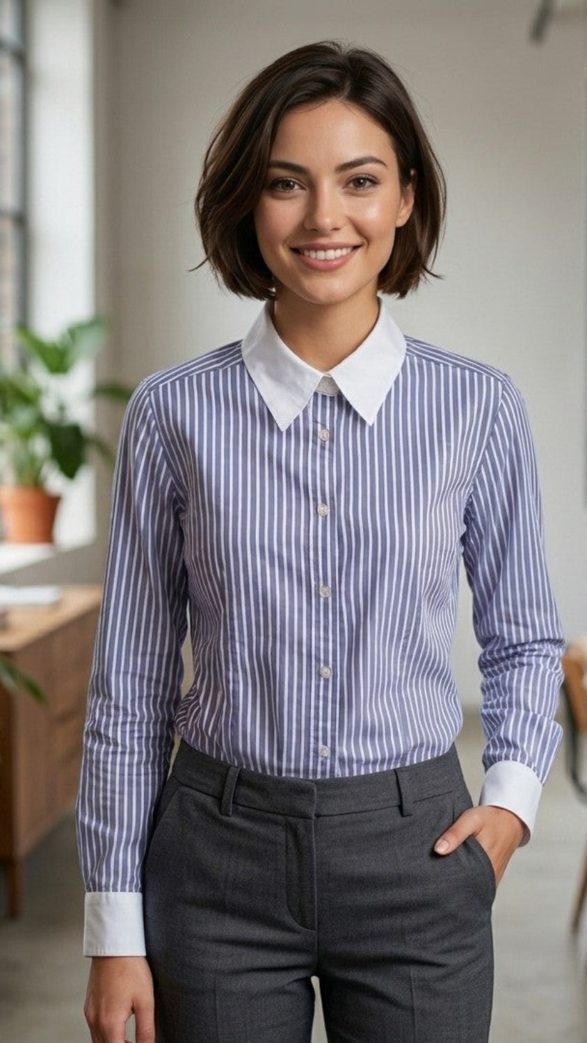Eine lächelnde Frau mit Bob-Frisur trägt eine blau-weiß gestreifte Damen-Businessbluse mit kontrastierendem, weißem Haifischkragen und weißen Manschetten, kombiniert mit einer dunkelgrauen Hose.

