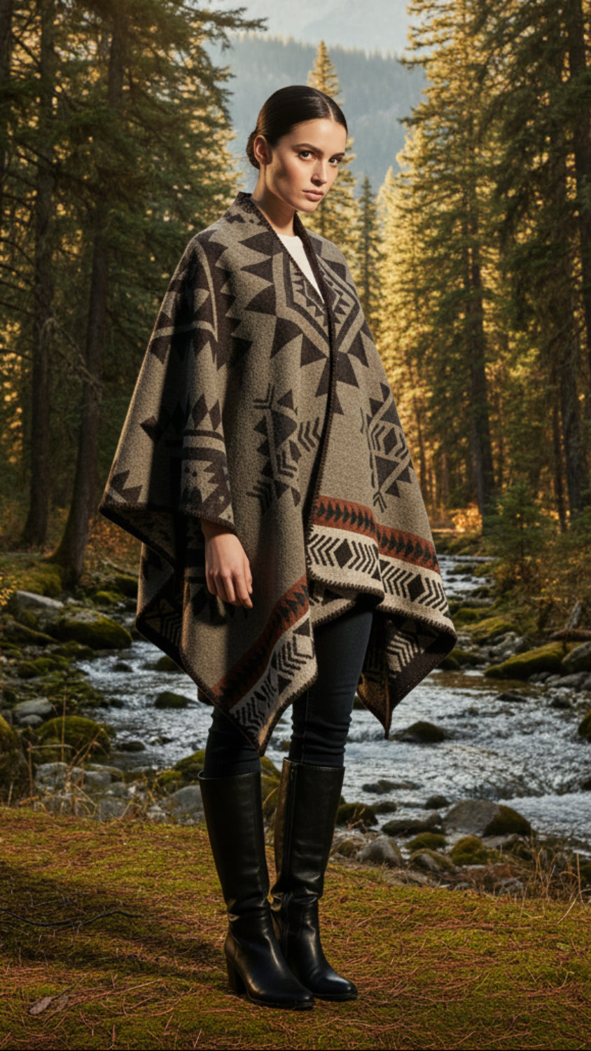 Balldiri Jacquard-Poncho Damen – Boho Wende Cape mit Muster