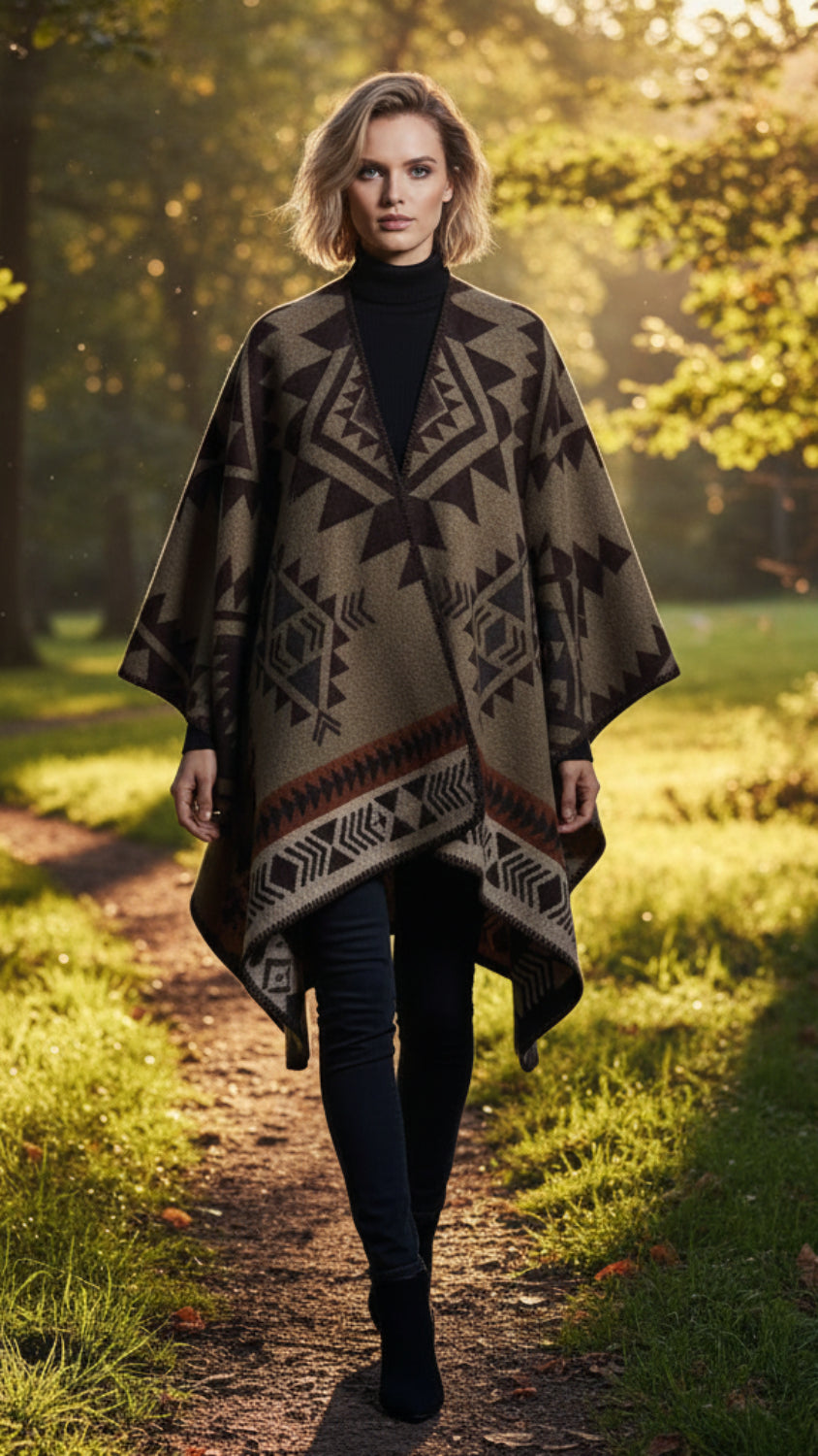 Balldiri Jacquard-Poncho Damen – Boho Wende Cape mit Muster
