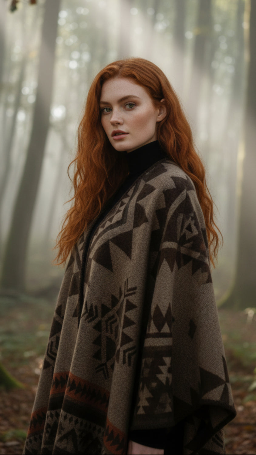Balldiri Jacquard-Poncho Damen – Boho Wende Cape mit Muster