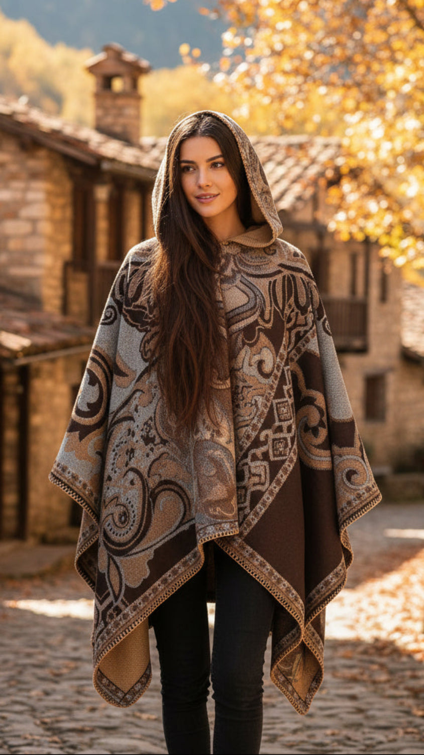 Balldiri Jacquard-Poncho Damen – Boho Wende Cape mit Muster