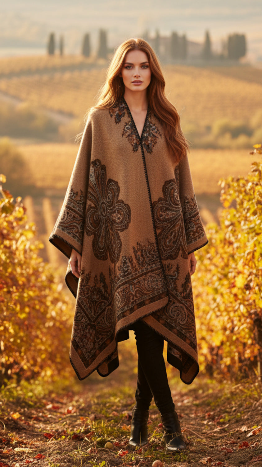 Balldiri Jacquard-Poncho Damen – Boho Wende Cape mit Muster