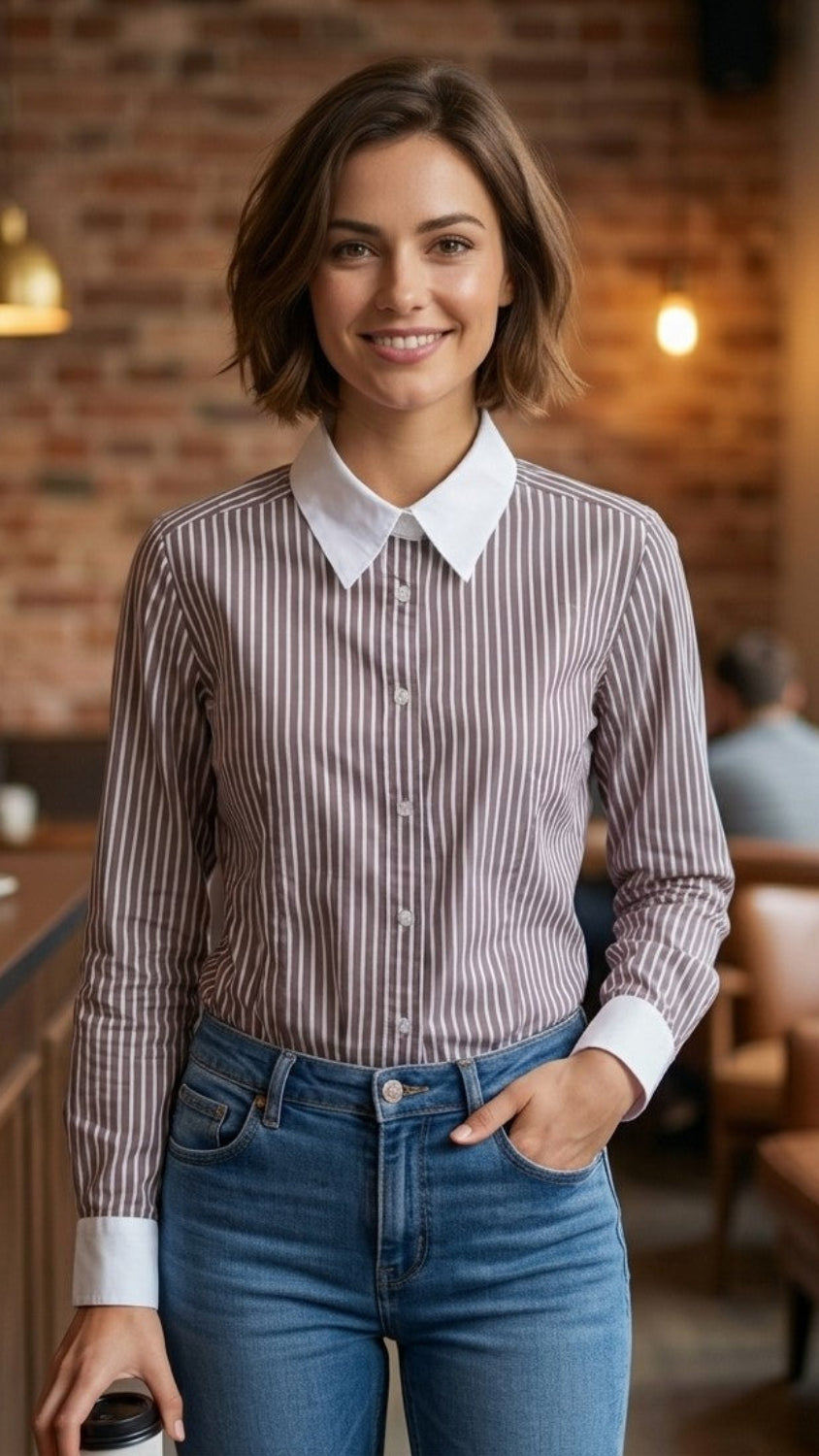Eine lächelnde Frau mit schulterlangem Haar trägt eine braun-weiß gestreifte Damenbluse mit kontrastierendem, weißem Kragen und weißen Manschetten, kombiniert mit einer blauen Jeans.

