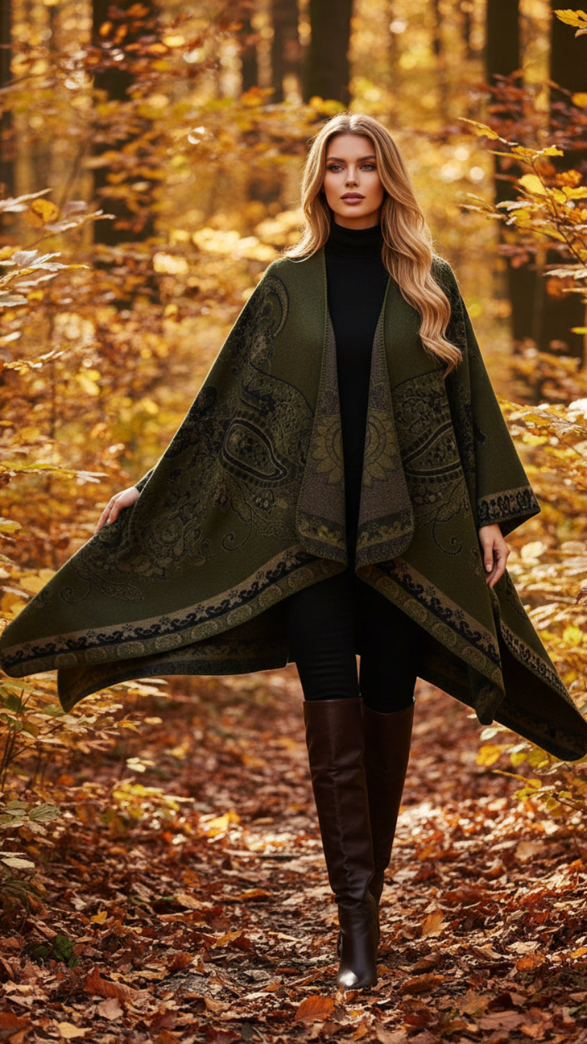 Balldiri Jacquard-Poncho Damen – Boho Wende Cape mit Muster