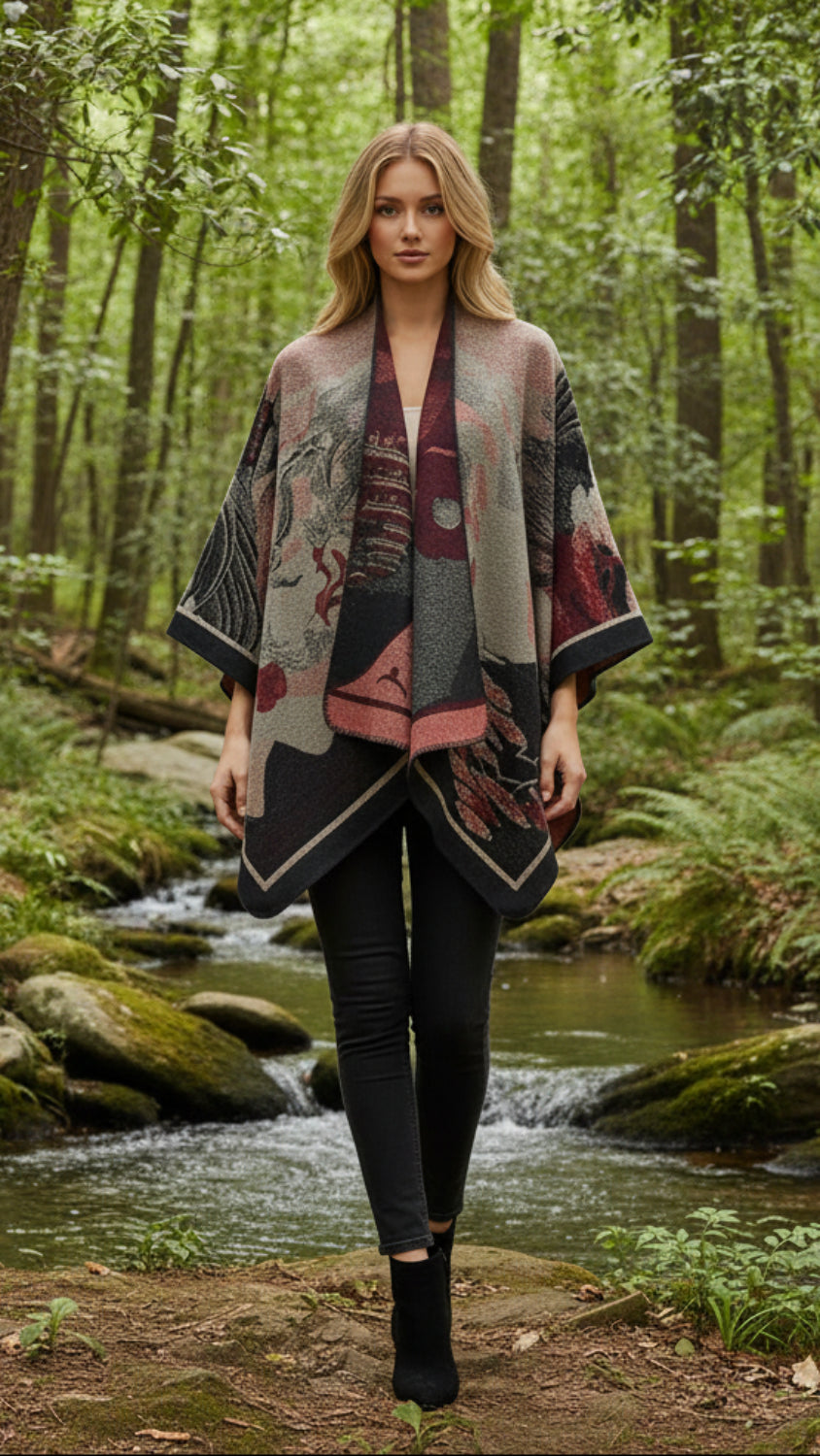 Balldiri Jacquard-Poncho Damen – Boho Wende Cape mit Muster
