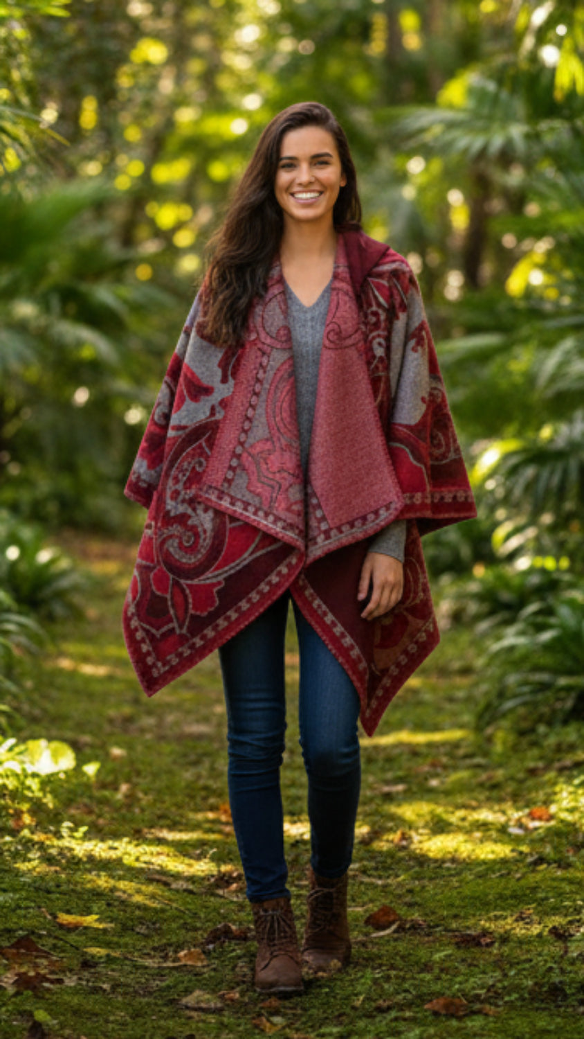 Balldiri Jacquard-Poncho Damen – Boho Wende Cape mit Muster