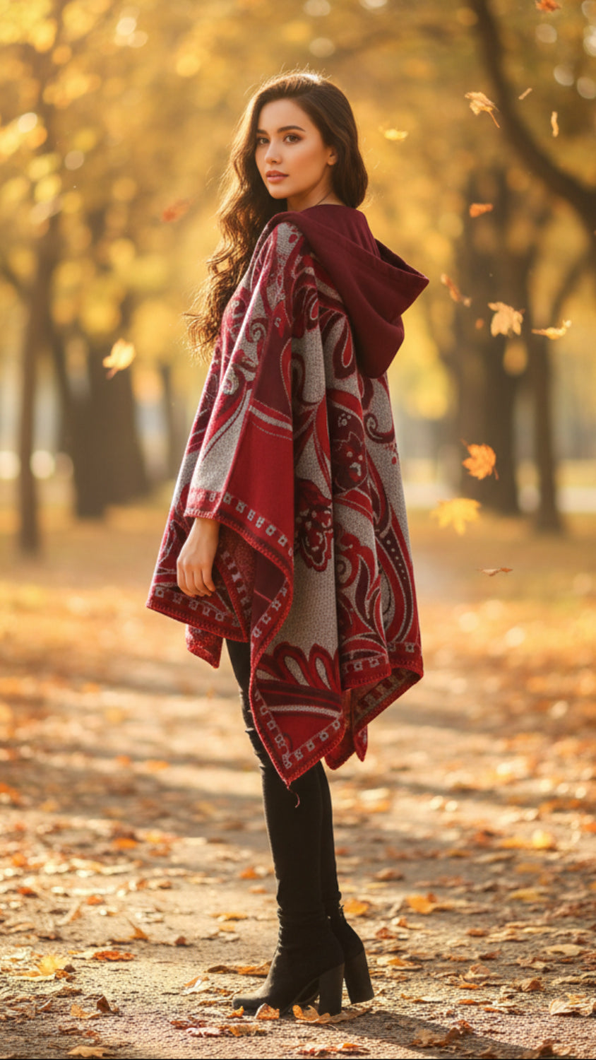 Balldiri Jacquard-Poncho Damen – Boho Wende Cape mit Muster
