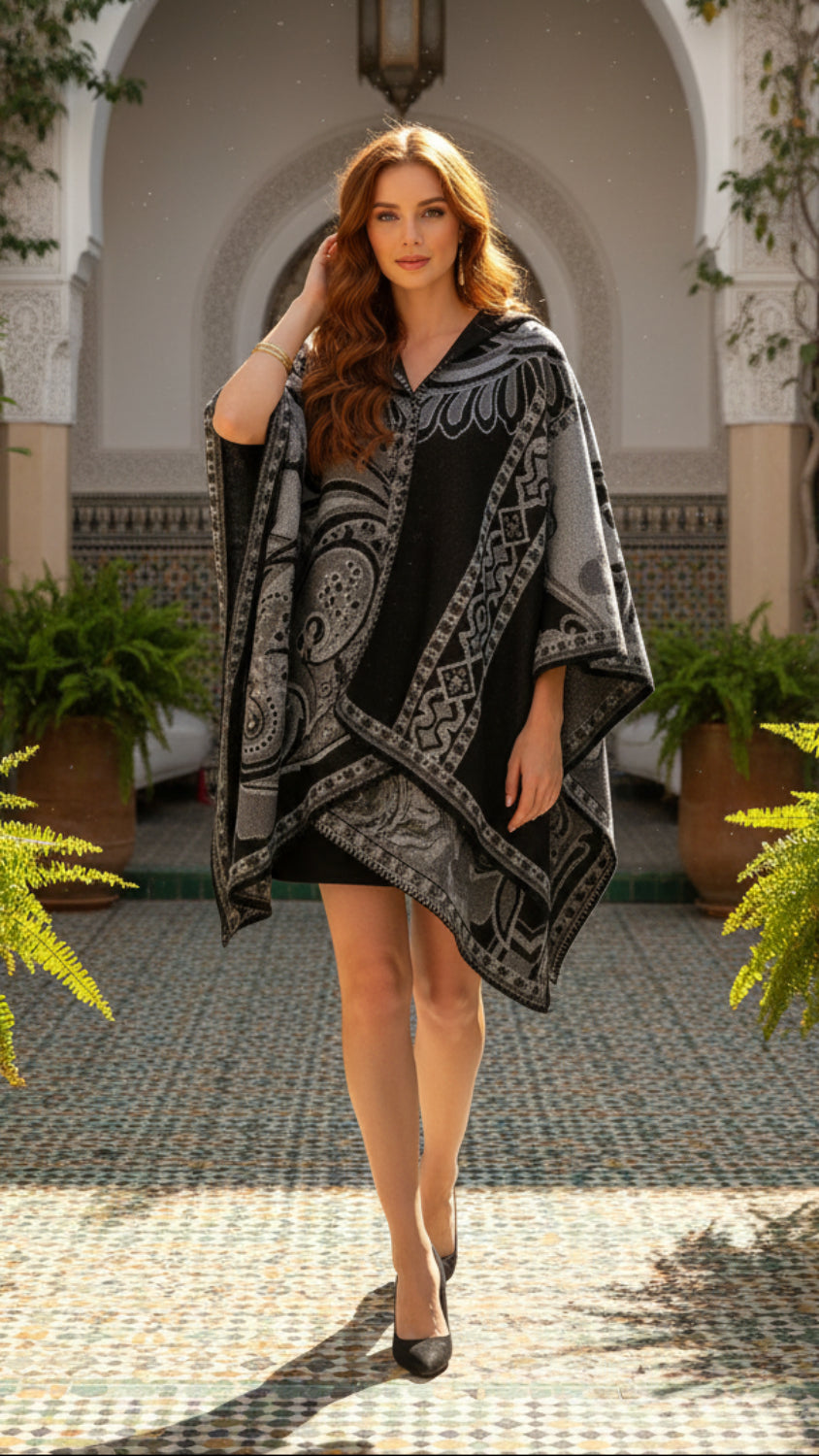 Balldiri Jacquard-Poncho Damen – Boho Wende Cape mit Muster