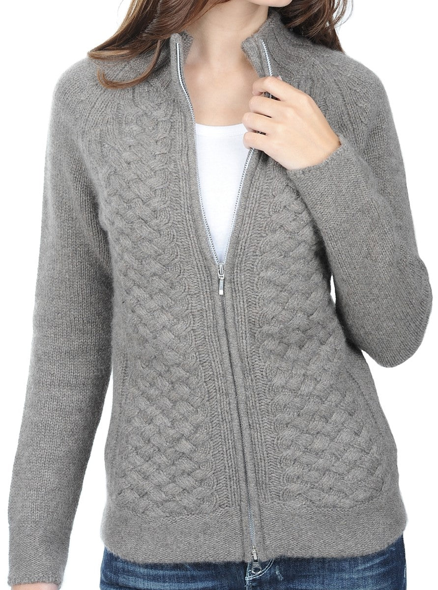 Balldiri Kaschmir Damen Strickjacke Zopfmuster 10-fädig graubraun XL - Balldiri & Windhound