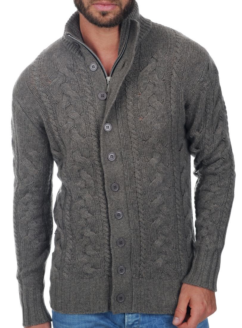 Balldiri 100% Kaschmir Herren Strickjacke Zopfmuster mit Stehkragen 8-fädig - Balldiri & Windhound